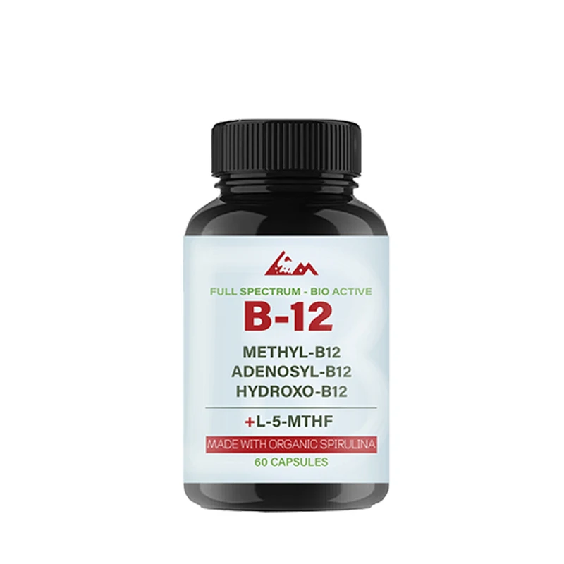 1000 mcg vitamin B12 complex containing methylcobalamine, adenosine cobalamine, and hydroxyB12 made from organic spirulina