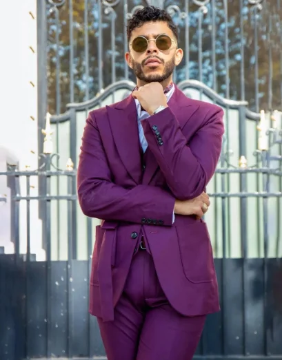 Purple Peaked Lapel Men Suits With Belt Costume Homme 3 Pieces Jacket+Pant+Vest Wedding Groom Prom Blazer Sets trajes de hombre