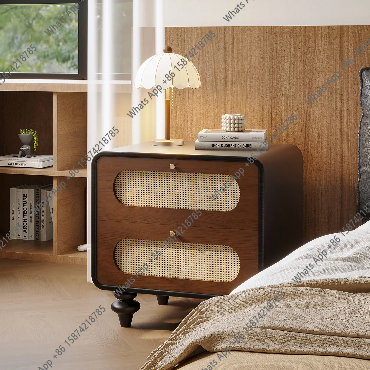 

Medieval rattan bedside table household bedroom French retro style cabinet designer fashion