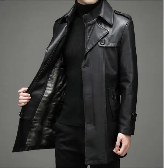 

Genuine Leather Jacket Men's Clothing Midi Long Autumn Winter Plush Warm Leather Male Large Size Mens Jacket
