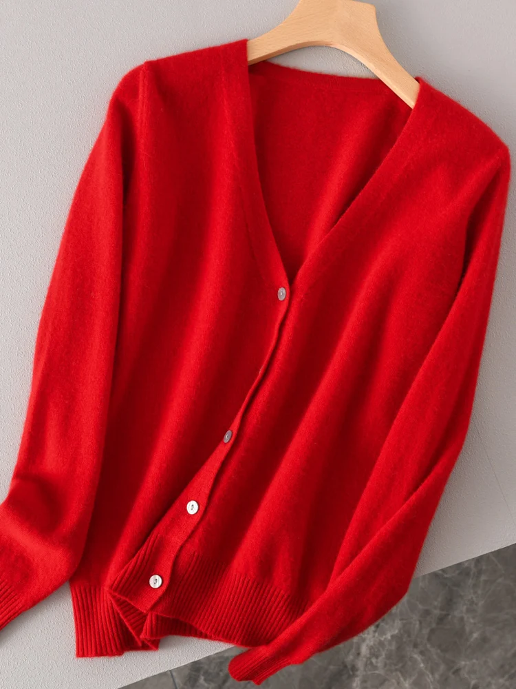 الخريف الشتاء النساء 100% ميرينو الصوف تريكو سترة سترة الخامس الرقبة سترة الكشمير المعنقة لينة الأساسية طويلة الأكمام بلايز #4