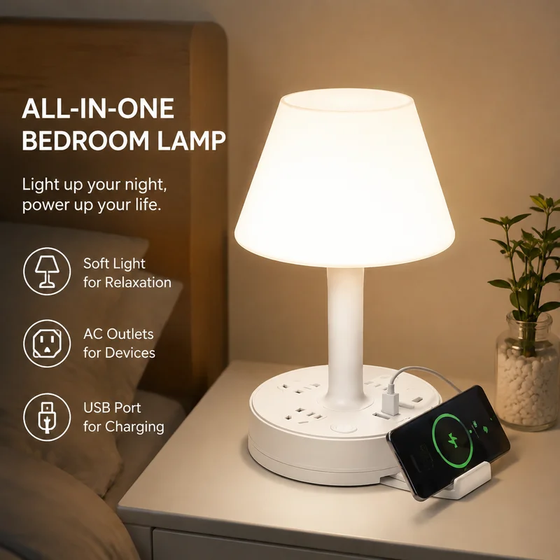 LED Desk Lamp Eye-Care Night Light with USB-C Charging Socket, Dimmable Bedside Study Plug Adapter for Bedroom, Dorm Power Strip