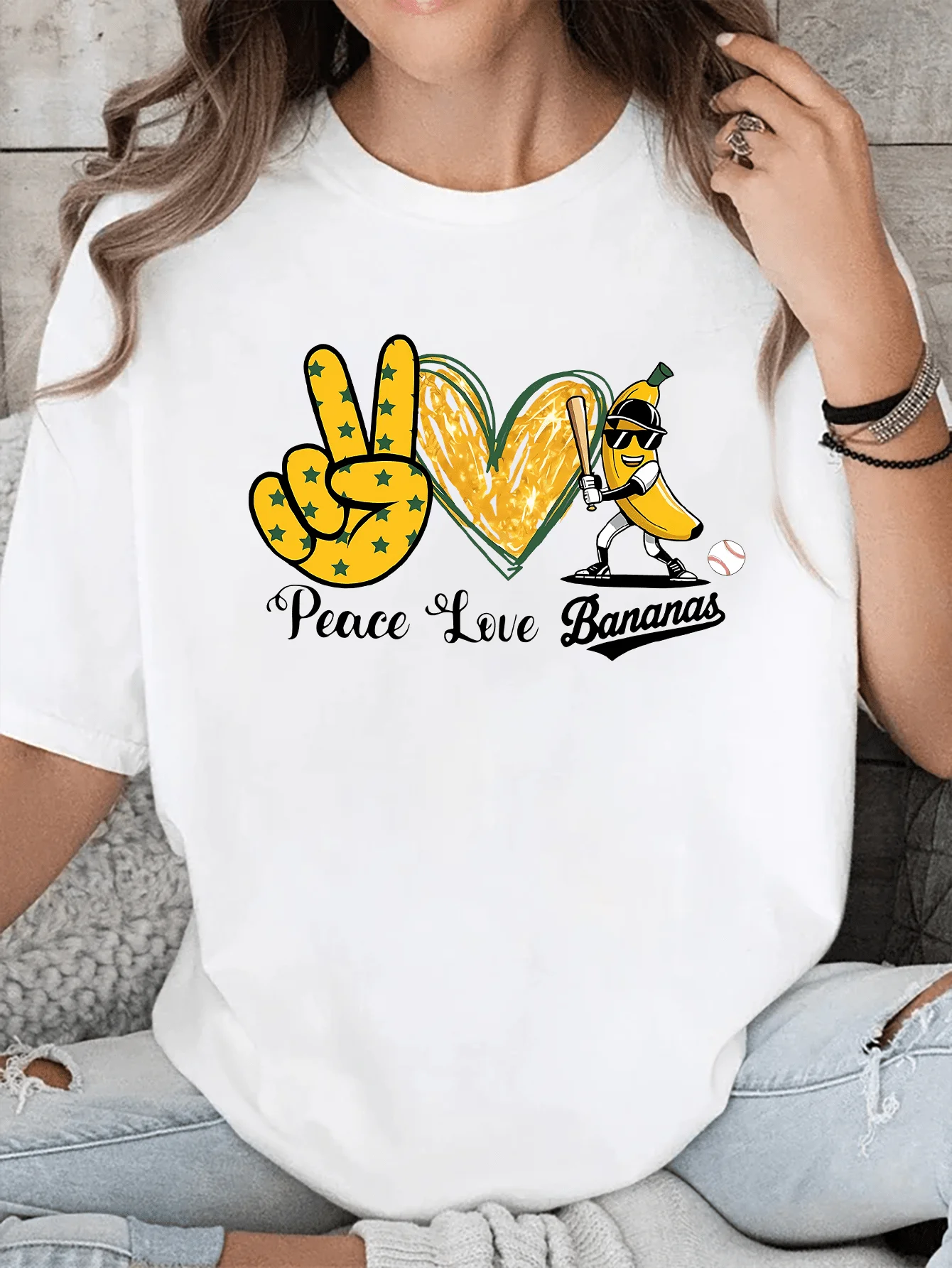 Women's Crew Neck Short Sleeve Summer Casual T‑Shirt Peace Love Banana Graphic Print Tee Top