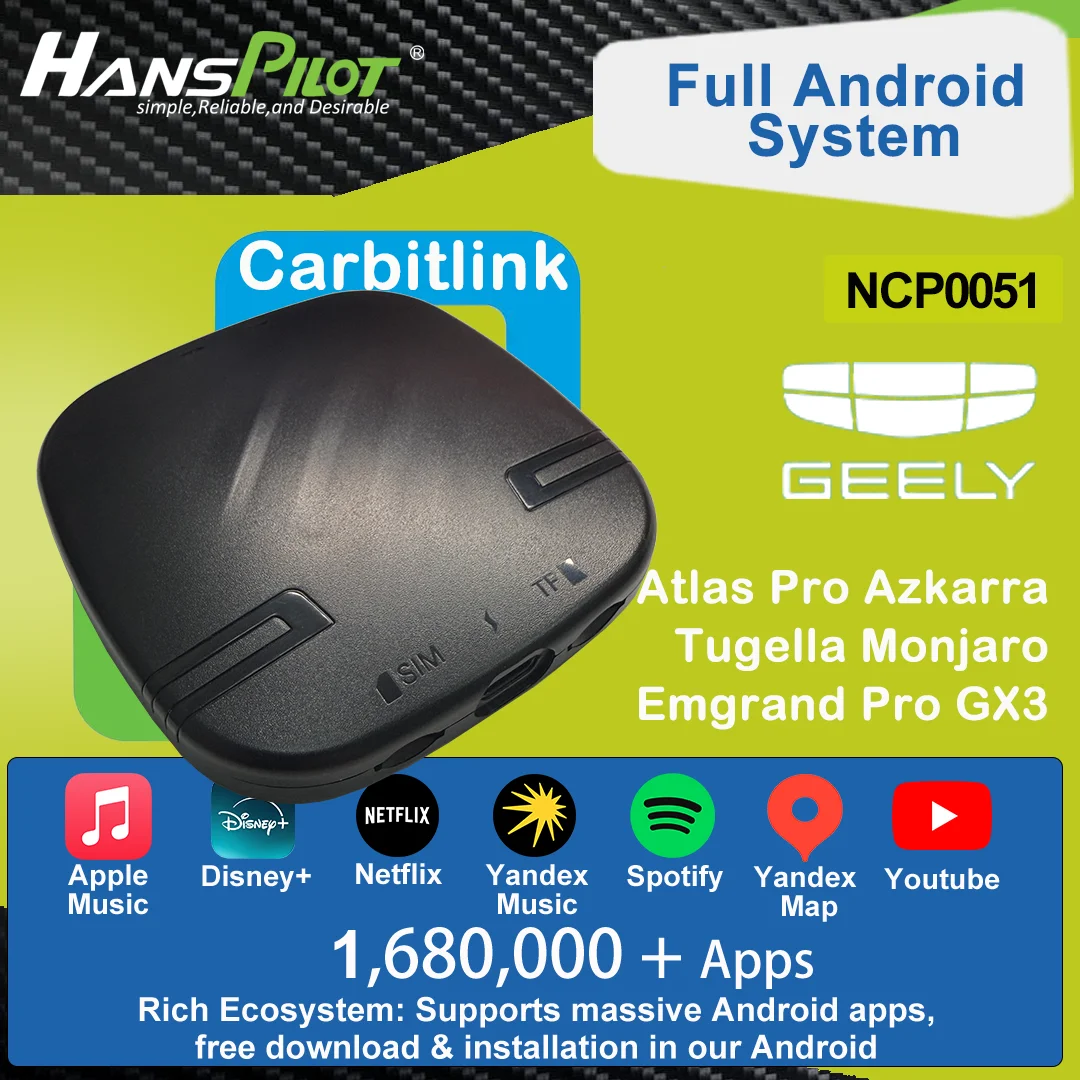 NCP0051 Carbitlink Caixa de Sistema Android para Geely Atlas Azkarra Tugella Monjaro Emgrand Pro GX3 – Netflix, YouTube, Vídeo, CarPlay