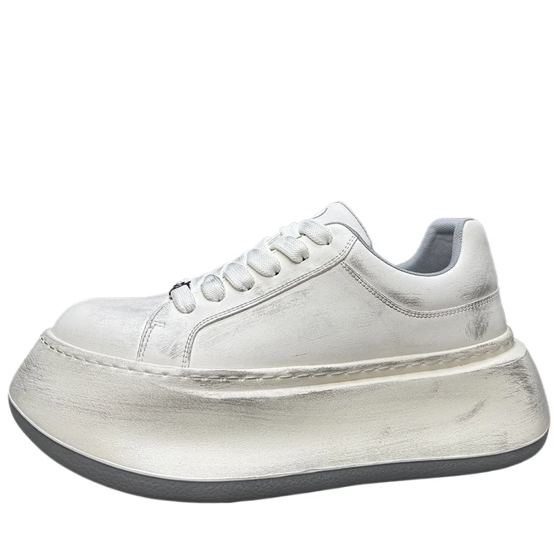 

European America Original Retro White Wide Version Casual Shoes Men's Genuine Leather Thick Soled Height Increasing Board Shoes