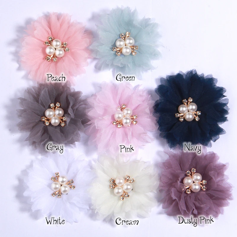 6.5CM Handmade Fabric Flowers With Pearl Center For Baby Gilrs Headbands Chiffon Flower For Hair Clips Accessories Bouquet