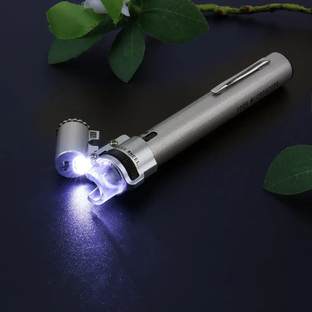 100x Mini Pen Shape Magnifying Glass Microscope Adjustable Focus LED Light Jewelry Loupe Magnifier for Exploration