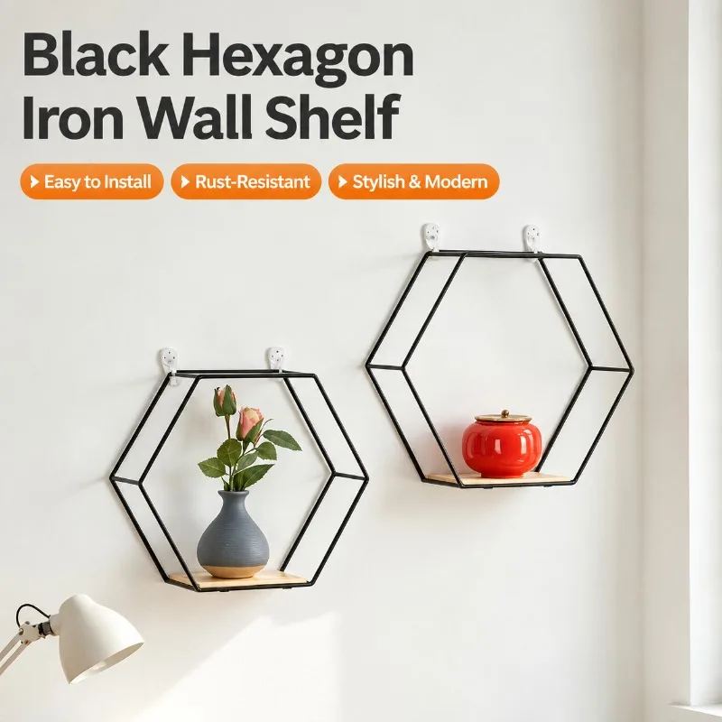 Hexagonal Wall Mounted Iron Storage Rack, No Drill Floating Shelf, Self-Adhesive Wall Organizer for Kitchen, Bathroom