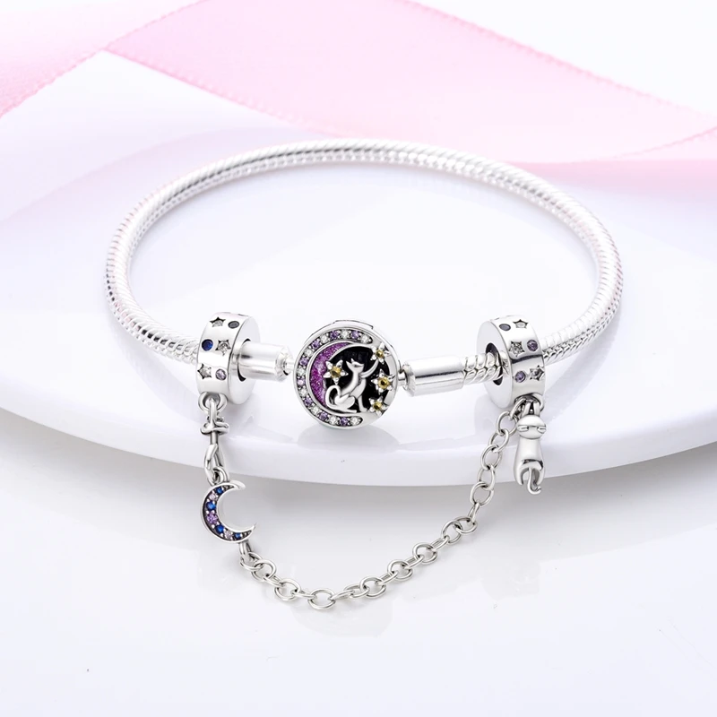 Pandora Estrela e Lua Pulseira Pingente, DIY Beads, 100% 925 Sterling Silver, Cadeia de segurança, Wearable Jóias Presente, se Fits Pandora Original, 2024