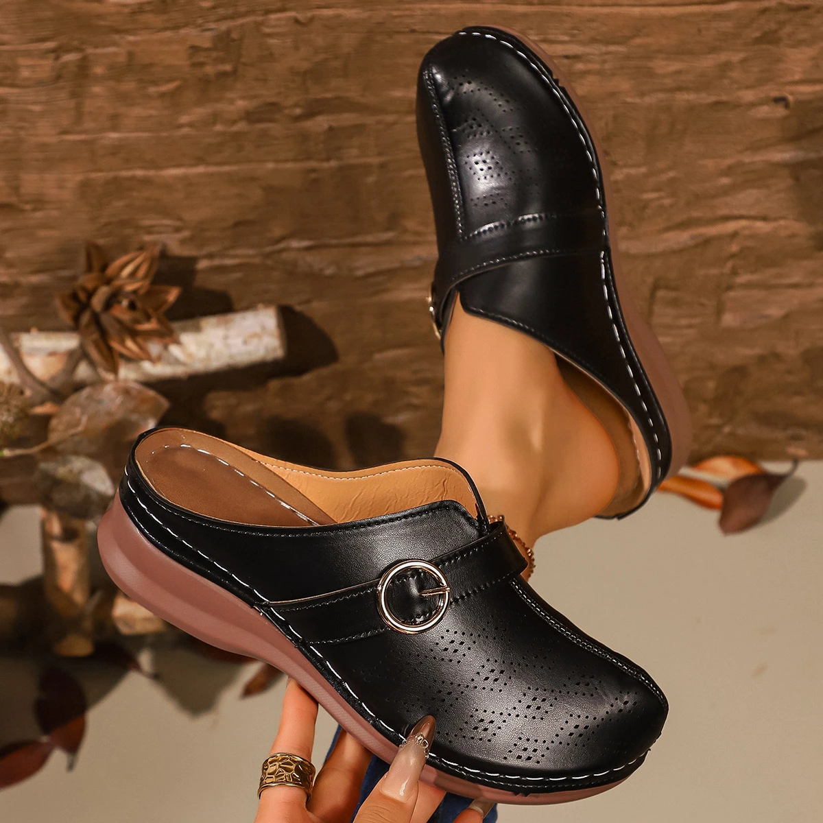 

Women Baotou Slippers Wedge Heel Mules Slippers Women Summer Hollow Out Shoes Plus Size Thick Sole Outdoor Sandals Slides Women