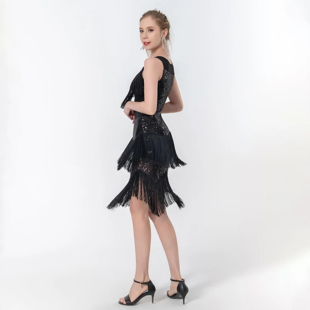 Women's Sloping Shoulders Sequins Tassels Gatsby Cocktail Sequin Tassel Dress