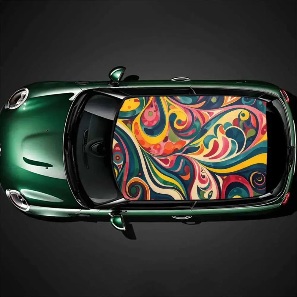 Abstract Colorful Trippy Pattern Car Roof Sticker Wrap Racing SUV Auto Accessories Packaging PVC Car Hood Graphic Decal Decor