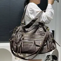 Y2K Hot Girl Single Shoulder Crossbody Bag Vintage Washed Leather Motorcycle Bag Large Capacity Multi Pocket Bag - Image 4