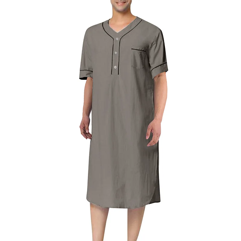 Zomer Korte Mouw Mannen Dunne Nachtjapon Moslim Islamitische Homewear Effen Kleur Losse Saudi Arabia Kaftan Home Abaya Slaapjas