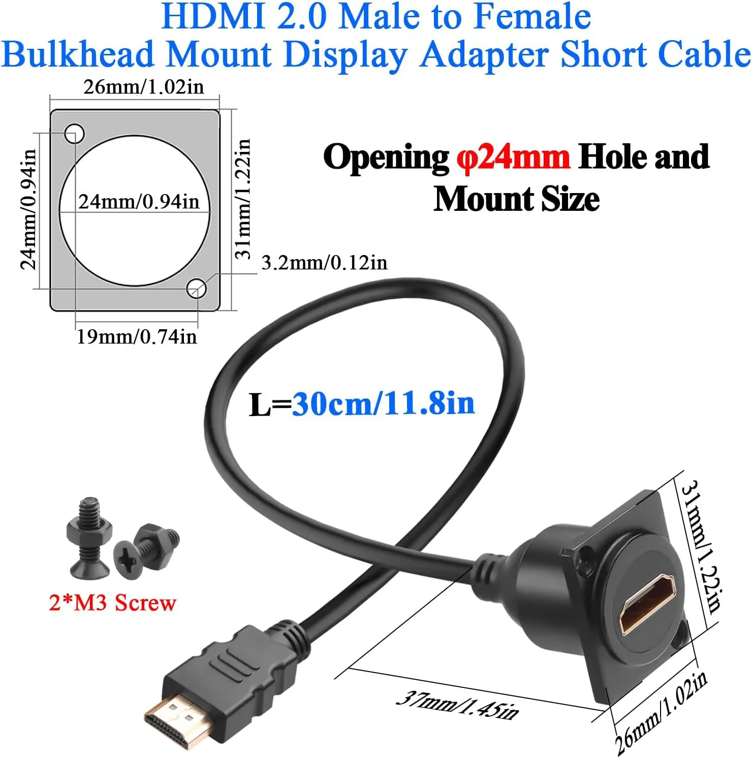 JavicTech HDMI 1.4 Chassis Flange Panel Mount Cable 4K@30Hz Male to Female Extension Cable Car Dashboard Pass Through Socket