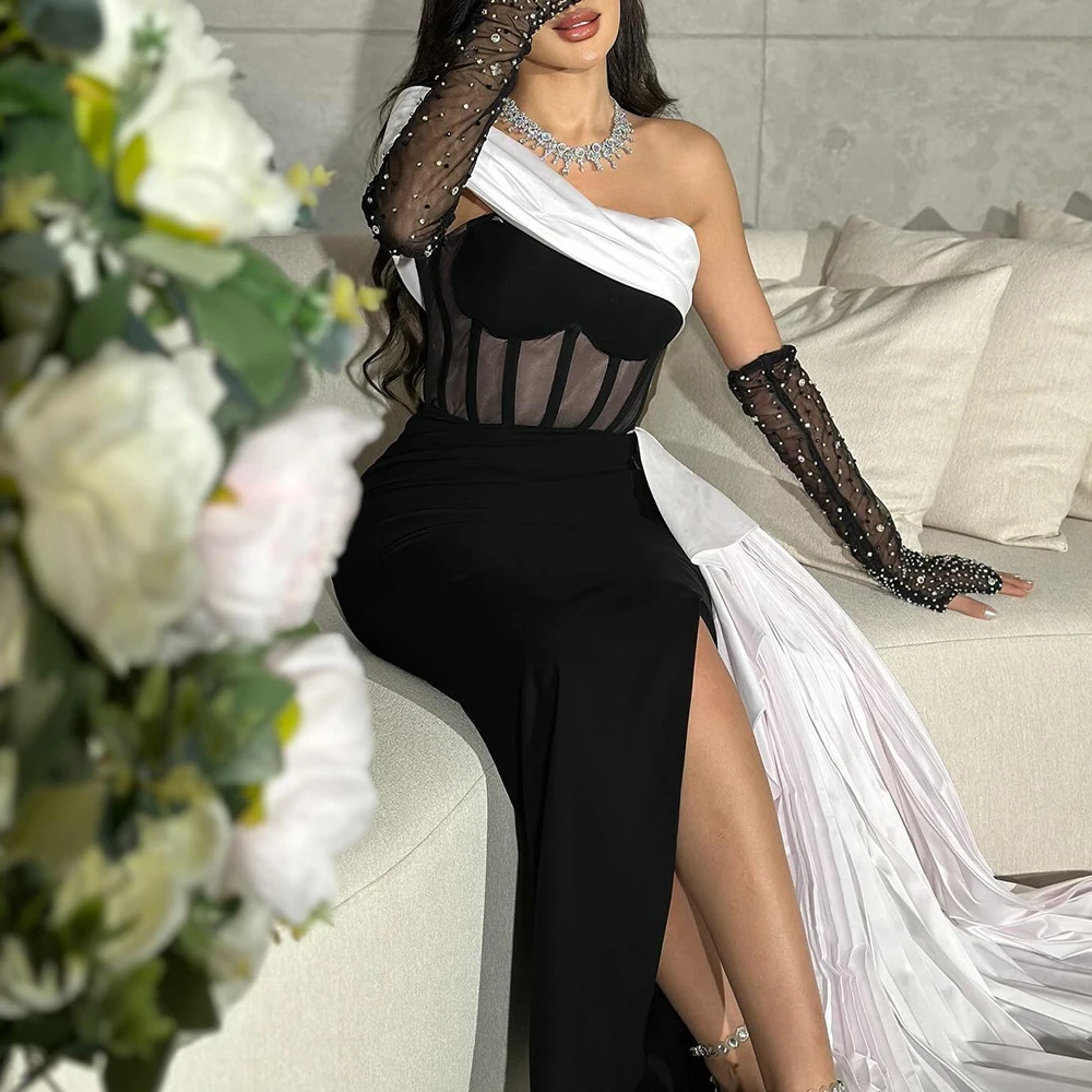 فساتين سهرة مخصصة على شكل حرف A بطول الأرض قبالة الكتف كم كامل فستان حفلات موضة كريستال مطوي بدون ظهر