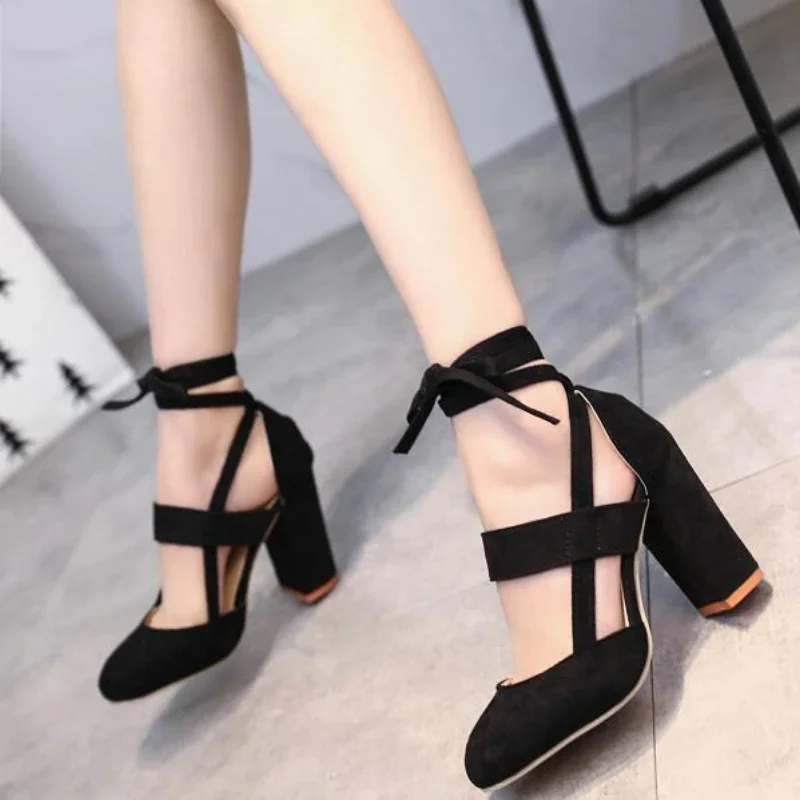 Sapatos Feminino Big Size 35-43 Women Gladiator Summer High Heels for Party Wedding Shoes Chunky Heel Fashion Lace-up Black 2024