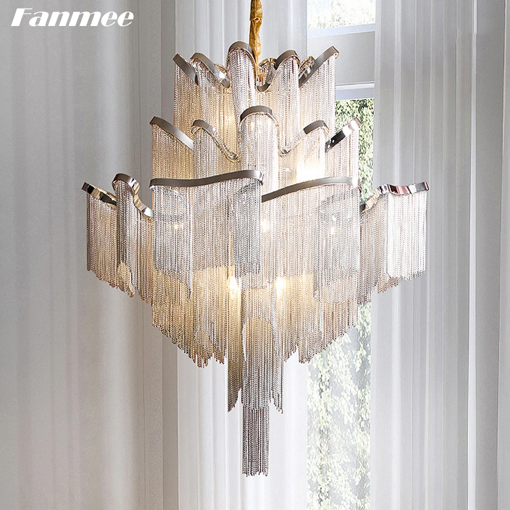 

Luxury Irrecgular Chrome Chandelier Light LED Modern Silver Chain Pendant Chandelier Tassel Lustre Light Fixture for Living Room