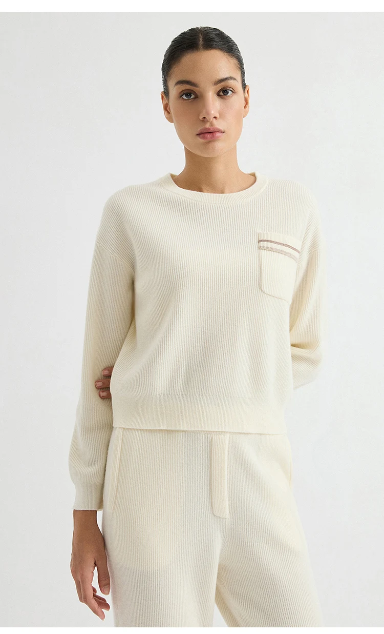 BD3621775 Damen Pullover aus 100% Wolle mit englischem Rippstrick, Rundhalsausschnitt, langen Ärmeln, kontrastierender Brusttasche mit Kettendesign, zweifarbig, für den frühen Herbst. – Detail 3