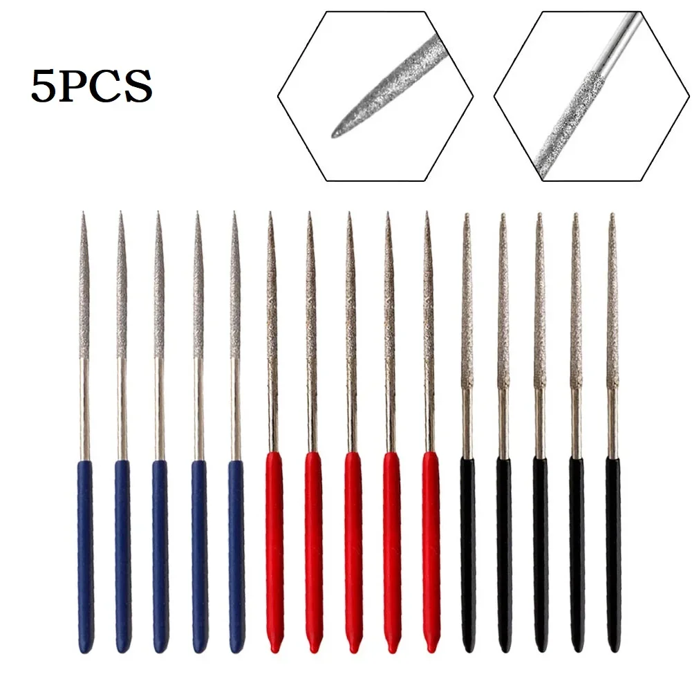 5pcs 3mm Shank Round Diamond File Diamond Grinding Head Bur Needle File For Metal Engraving Carving Polishing Hand Tools 140mm