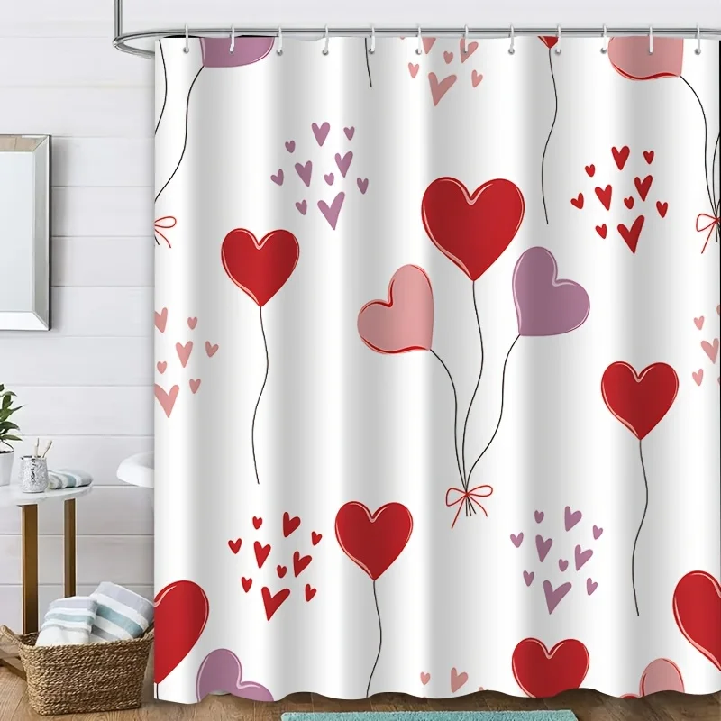 

Романтические воздушные шары в форме сердца и занавеска для душа с сердечками для декора ванной комнаты на День святого Валентина, красные и розовые, праздничные.