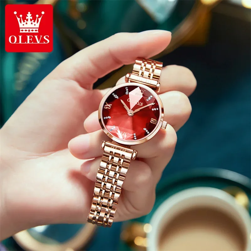 Olevs 6642 womens watches top luxury rhombus mirror quartz watch women stainless steel waterproof ladies wristwatches