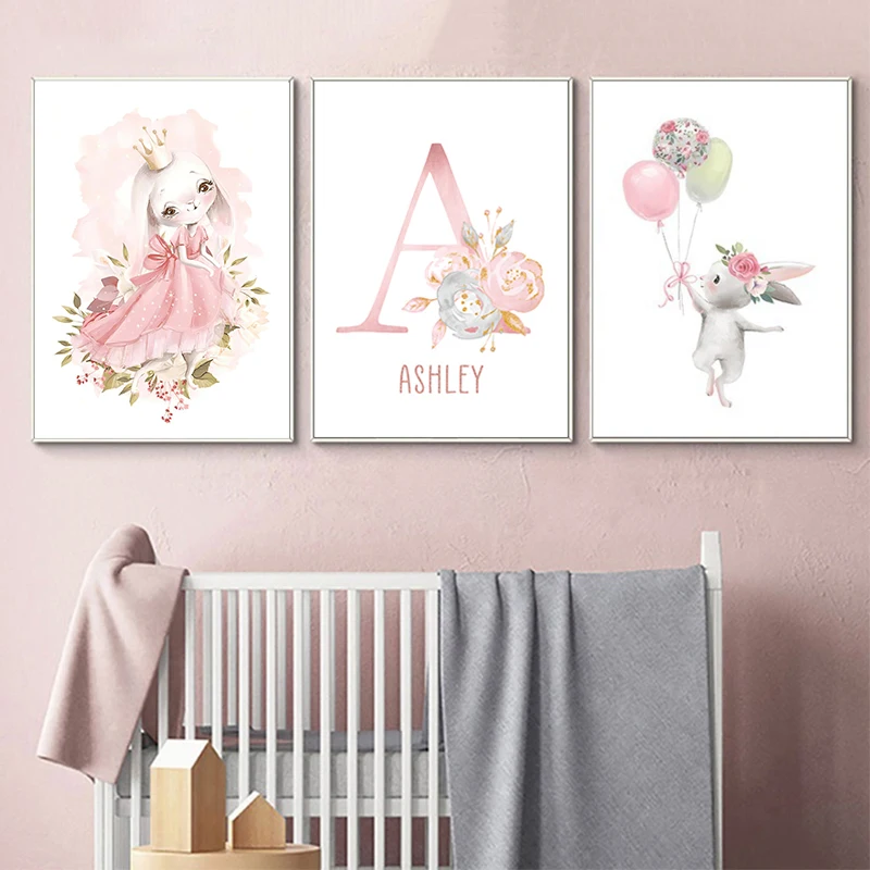 Custom Name Posters Pink Floral Letters Poster and Prints Girl  Rabbit Canvas Art Painting Nursery Picture Kid Baby Room Decor