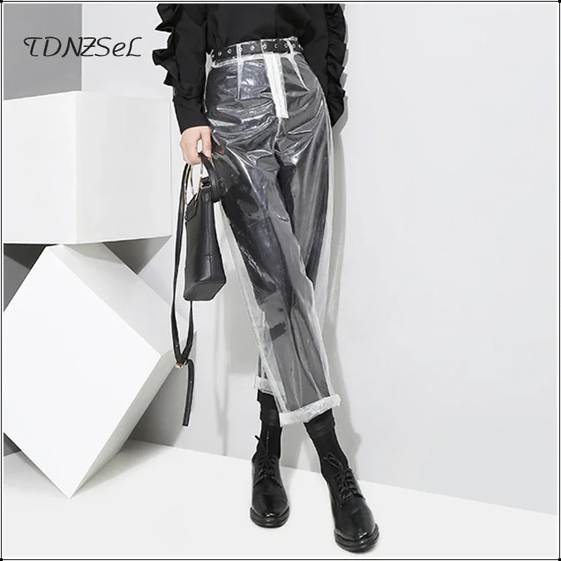 

Sexy Loose PVC Transparent Pants Women Fashion See Through Trousers Autumn Winter Straight Ankle-length Capris Pants New Custom