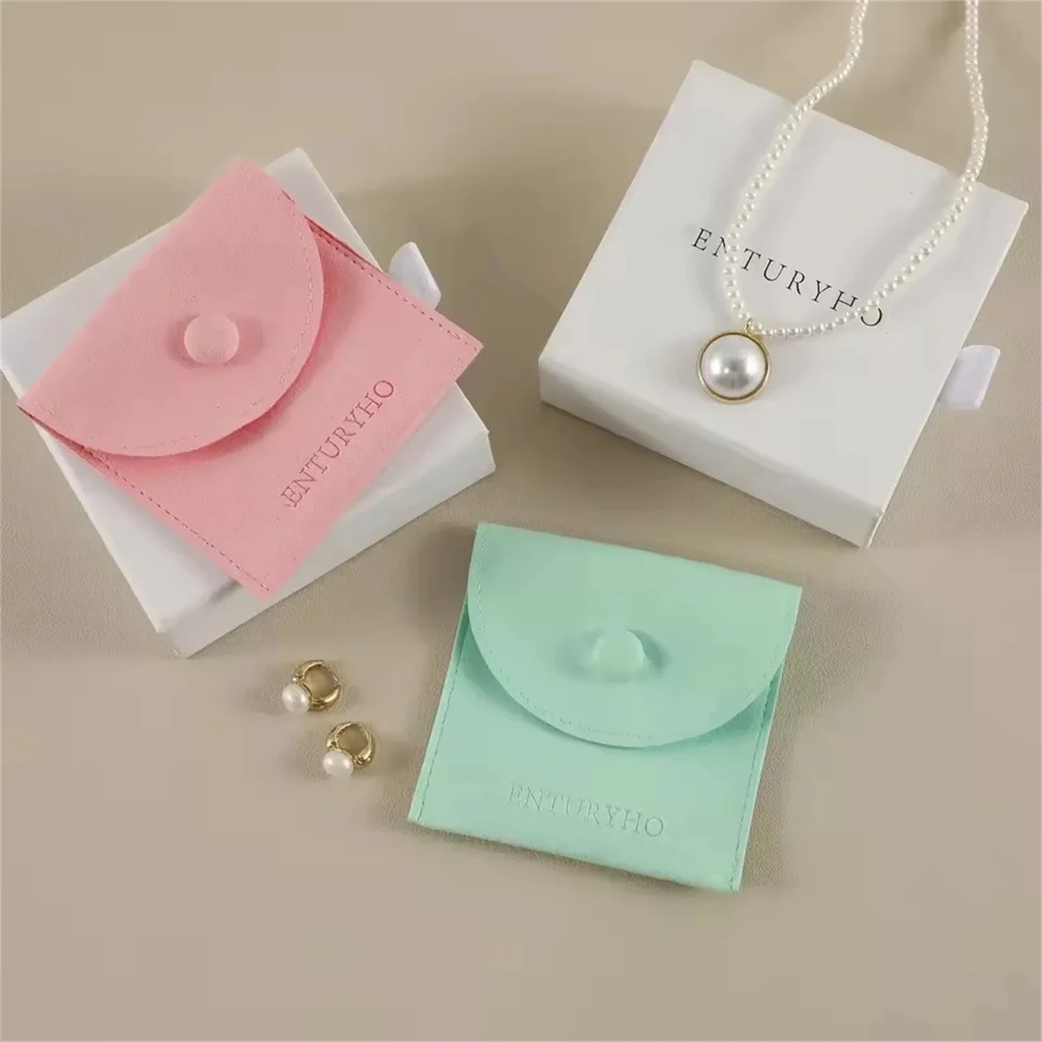 

50pcs 8×8cm custom jewelry package supplies personalize logo microfiber pouch bag with button necklace packaging bags with logo
