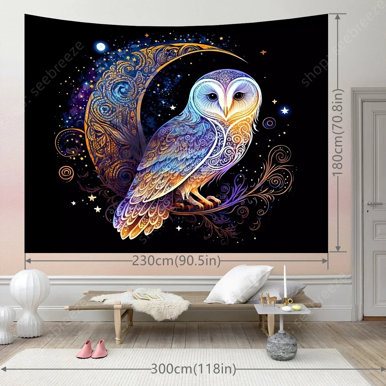 Lunar Owl Wall Tapestry Celestial Aesthetic, Moon Lovers Gift, Witch Wall Art, Ethereal Altar Cloth Trippy Room Decor Aesthetic