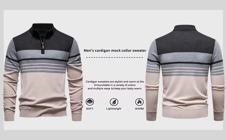 Herren Strickpullover mit 1/4 Reißverschluss, Mock-Kragen Strickware, Lässiger Langarm-Pullover, US-Größe – Detail 3
