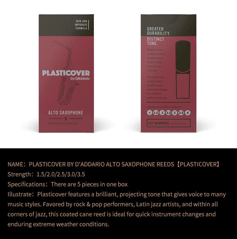 Original D'Addario RICO Blätter für Plastikblätter-Ersatz, Bb Sopransaxophon, Eb Altsaxophon, Bb Tenorsaxophon, Bb Klarinettenblätter, USA – Detail 2