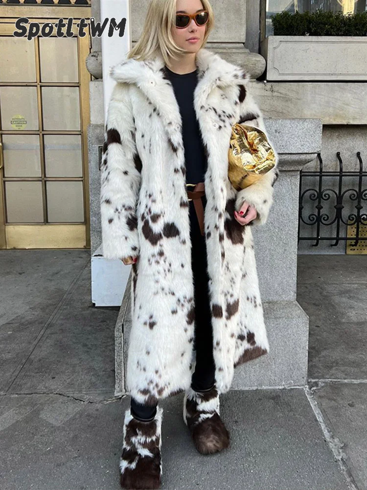 Women\'s Contrast Color Faux Fur Overcoat Single Breasted Fleece Long Trench Coat Winter Fluffy Plush Warm New Thicken Outerwear