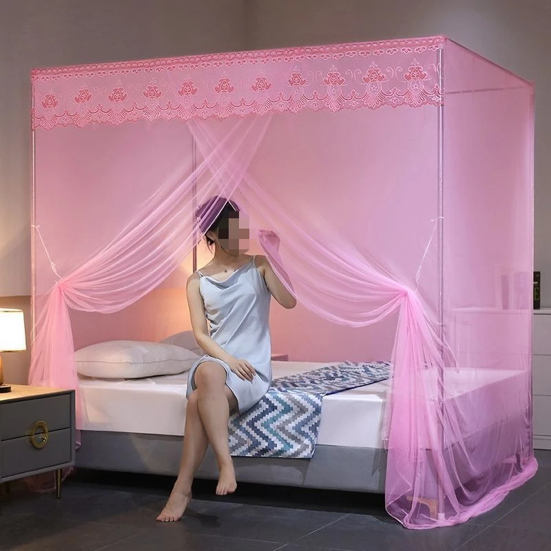 Square Bed Canopy Mosquito Net Lace Trimmed Four Posters Frame For Bedroom Home Decoration Romantic Wedding Bedding Curtain