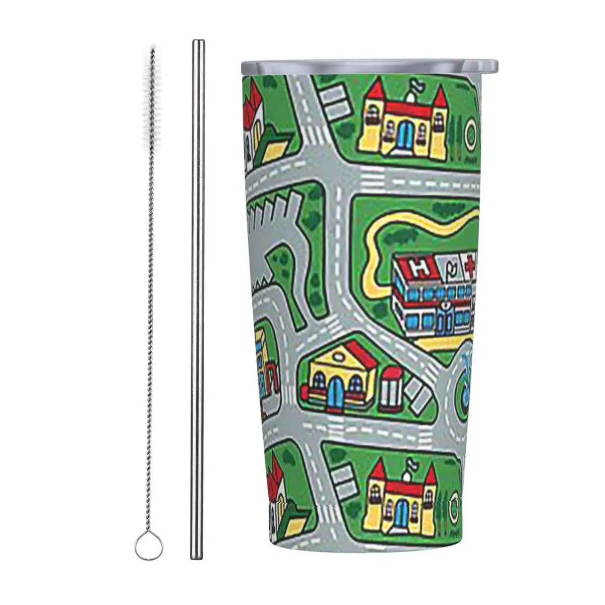 Car City Carpet Road Rug 90s Nostalgic Toy Stainless Steel Tumbler Vacuum Insulated Mugs Thermal Cold Cup Straws With Lid 20oz