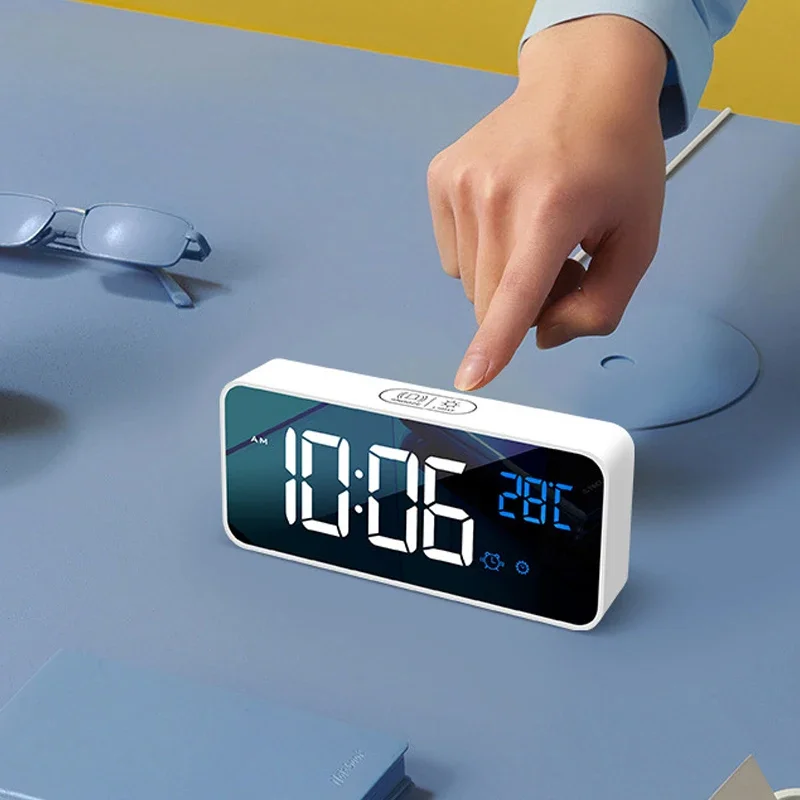 Voice Control Digital Alarm Clock TEMP 2 Alarms Snooze Night Mode Table Clock Power Switch 12/24H Rechargeable Music LED Clock