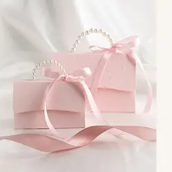 10PCS Pink Pearl Portable Gift Box Wedding Portable Ribbon Souvenir Wedding Candy Paper Box DIY Party Packaging Supplies