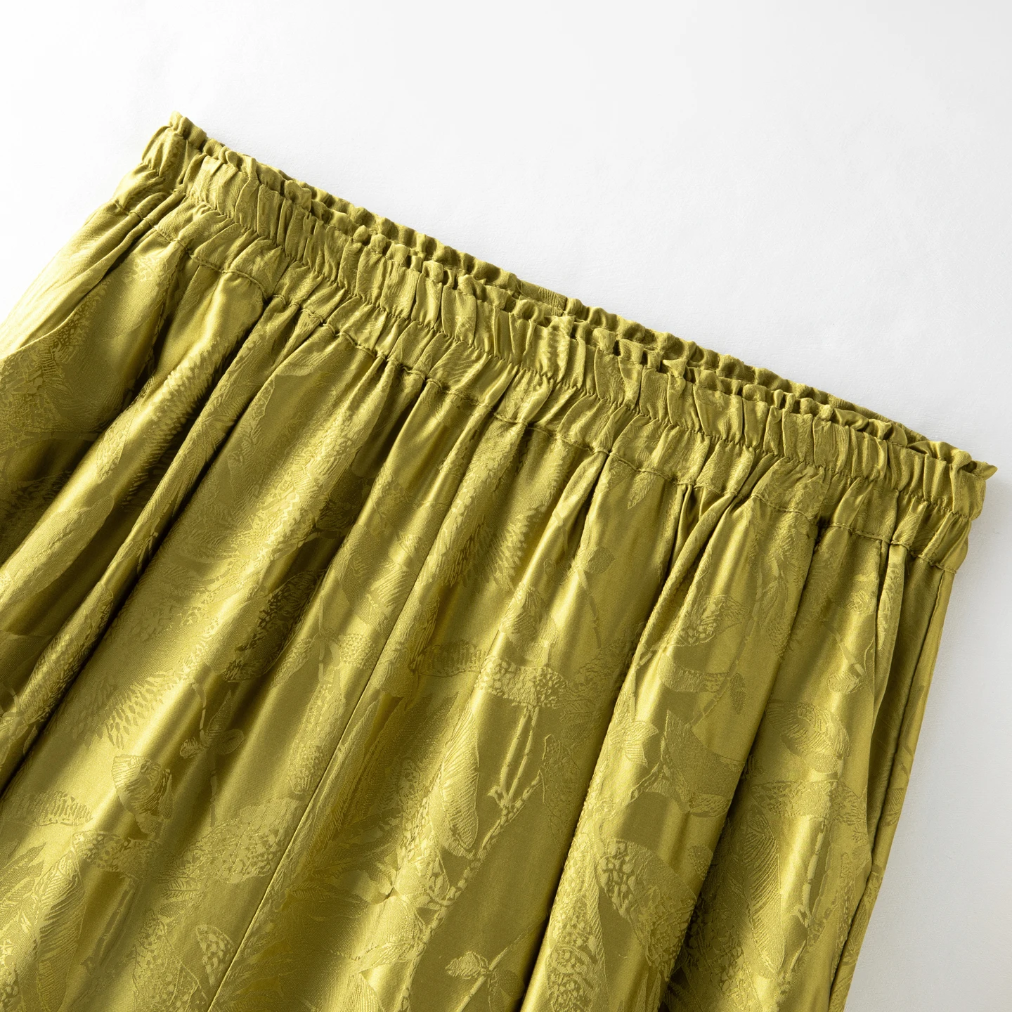 100% Natural Mulberry Silk Jacquard Satin Autumn Fragrance Green Elastic Flower Bud Waist Loose Women's Summer Wide Leg Pants