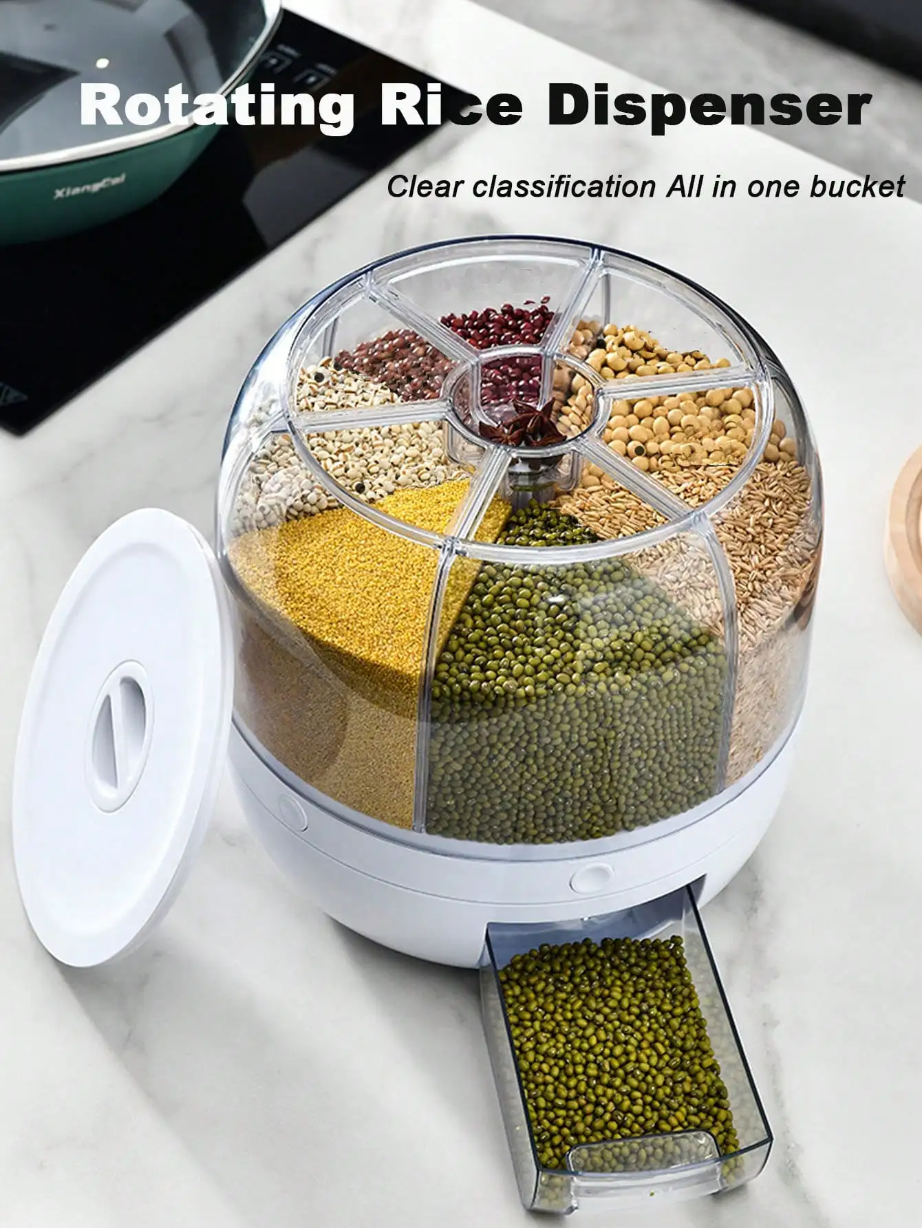 صندوق تخزين الأرز الدوار المكون من 6 أقسام - حاوية بلاستيكية محكمة الغلق للرطوبة/المقاومة للحشرات