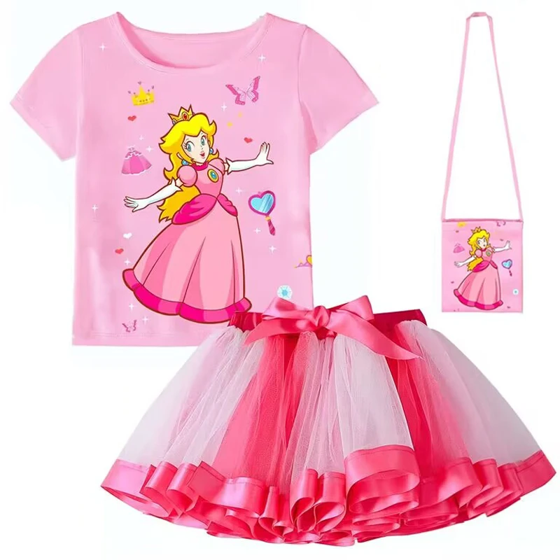 Girls Peach Princess Tutu Skirt Set Pink Clothes T-shirt+Skirt+Bag 3pcs Suit Super Bro Children Cosplay Costume Party Birthday