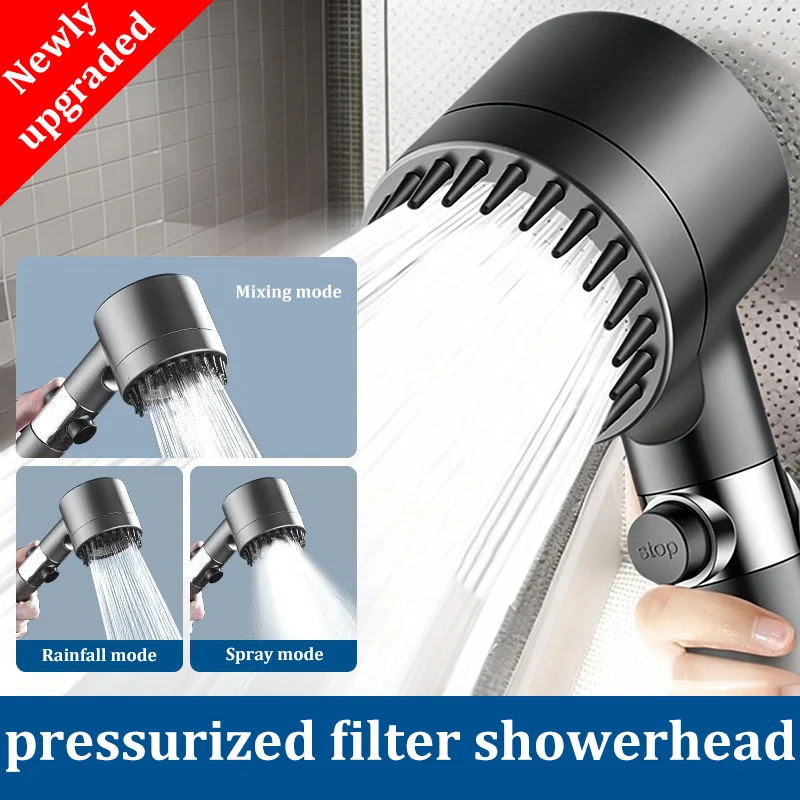 

3 Modes Powerful Pressurized Shower Head Filtered One-click Water Stop Massage & Cleaning Bathroom Accessory