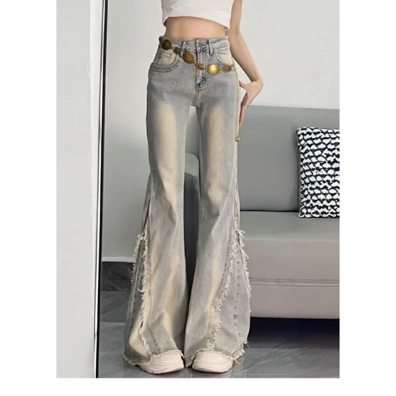 

Женские расклешенные джинсы в американском стиле ретро, весна-осень-лето, стильные потертые потертые облегающие длинные брюки с высокой талией