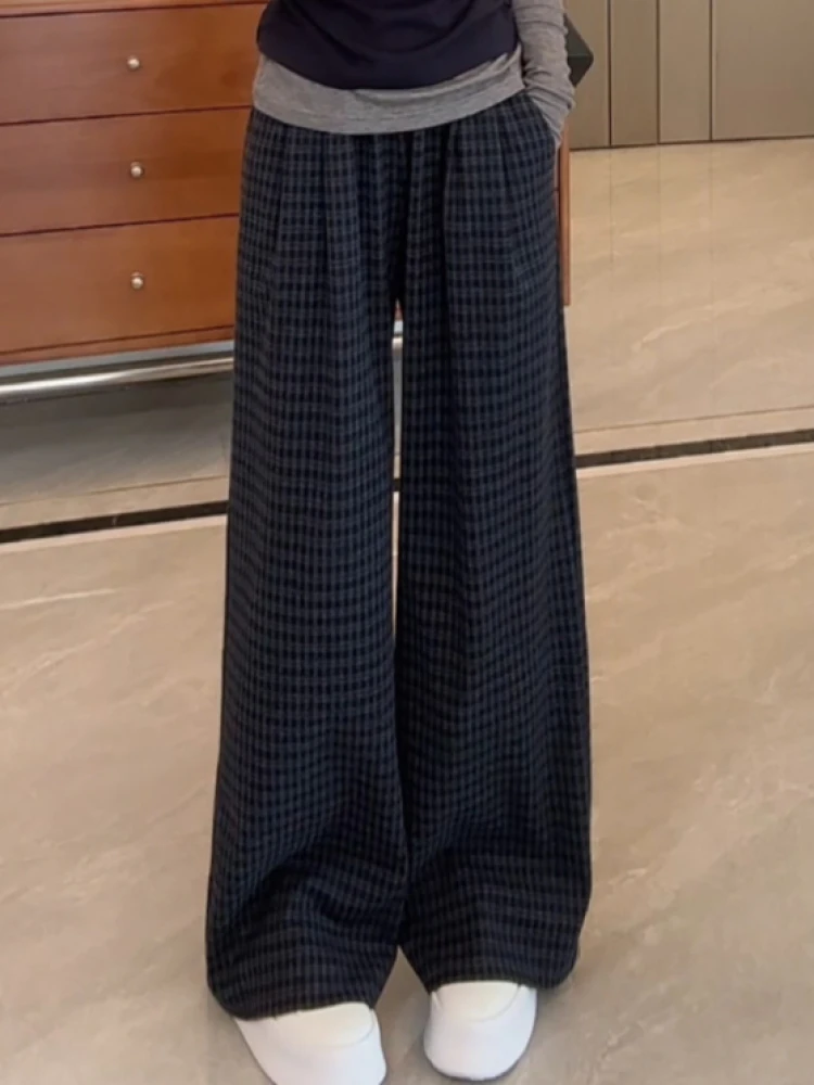 Korean Style High Waist Draped Wide Leg Pants Women's Casual Fashion Plaid Straight Cut Long Trousers Spring Autumn New Arrival