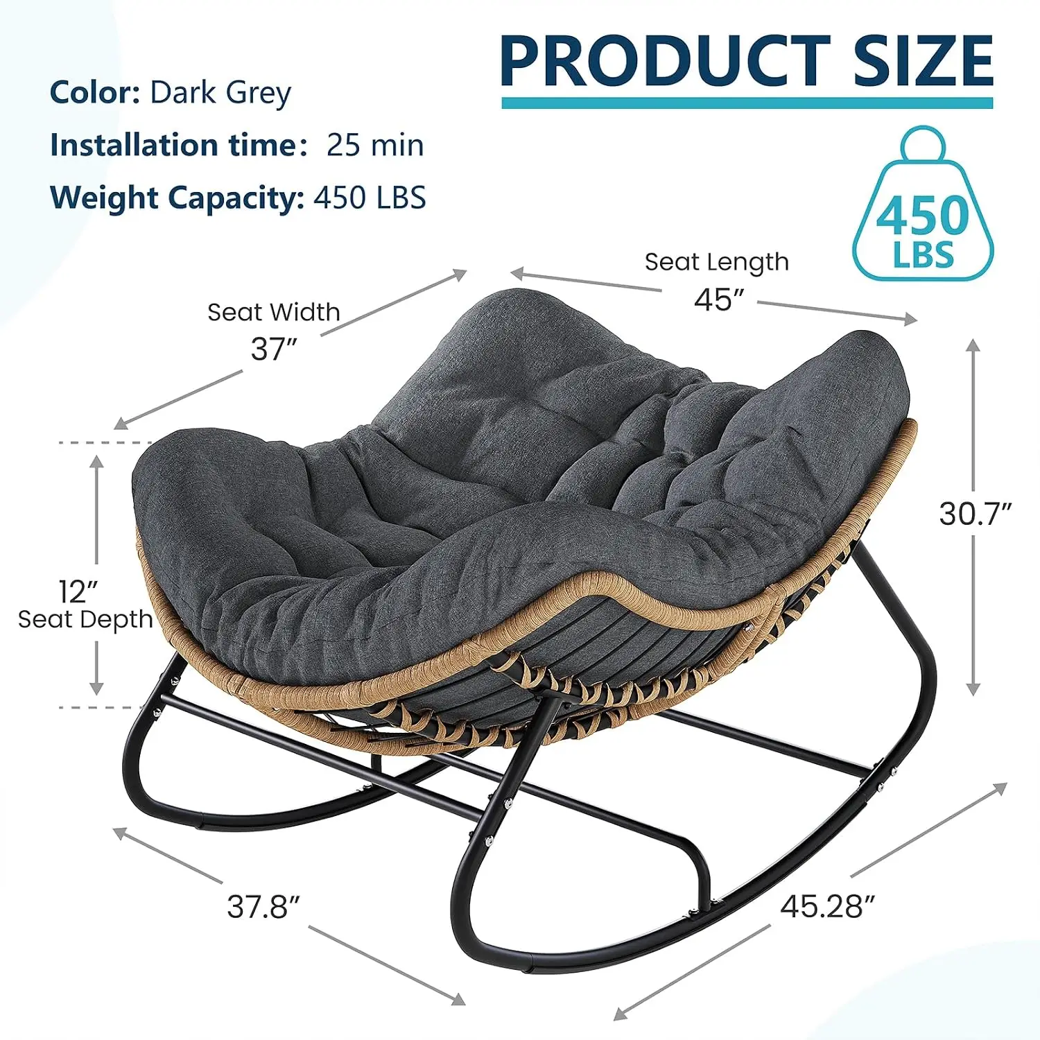 Outdoor Rocking Papasan Chair, Oversized Lounge Rocker - Dark Grey, Customized