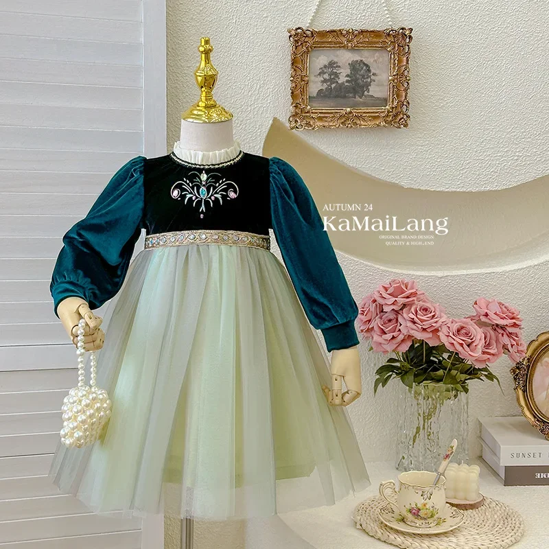 

Girls Dress 2024 Autumn New Princess Dress Baby Elegant Long Sleeve Guaze Ball Gown Trendy Children Clothes