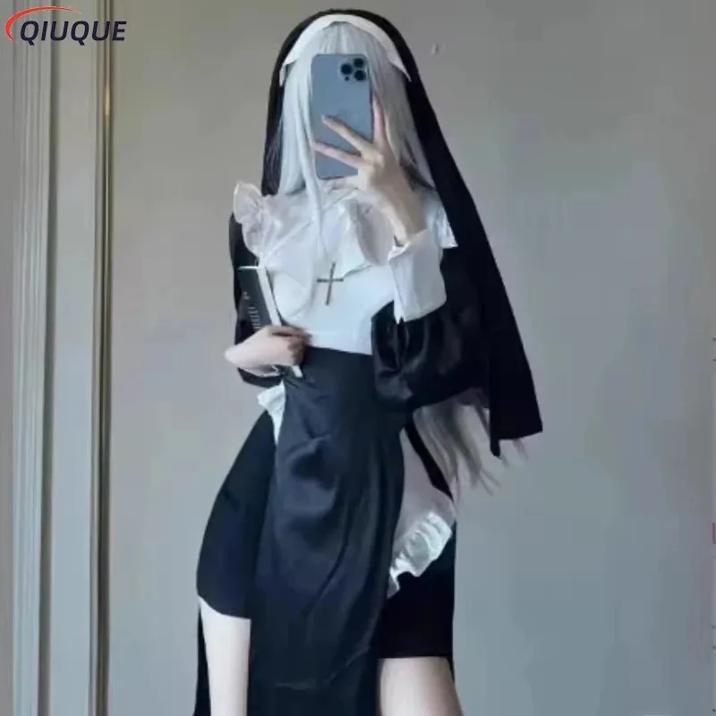 

Women's Nun Costume Kerchief Cross Necklace Sexy Nurse Dressing Halloween Maid Plus Size Tight Black Robe Religious Costumes