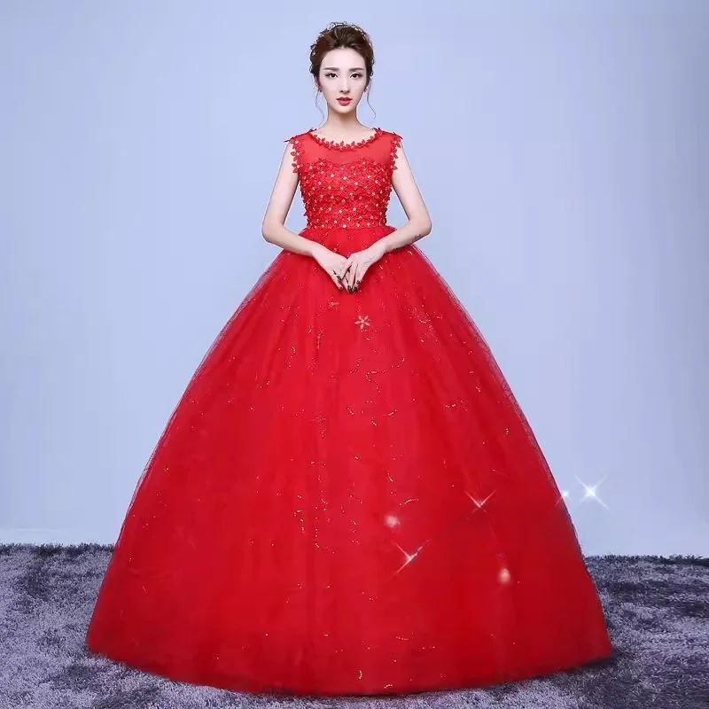 It's Yiiya Wedding Dresses Red Floral Crystal Simple O-neck Sleeveless Lace up Bling Princess Floor-length Plus size Bride Gowns