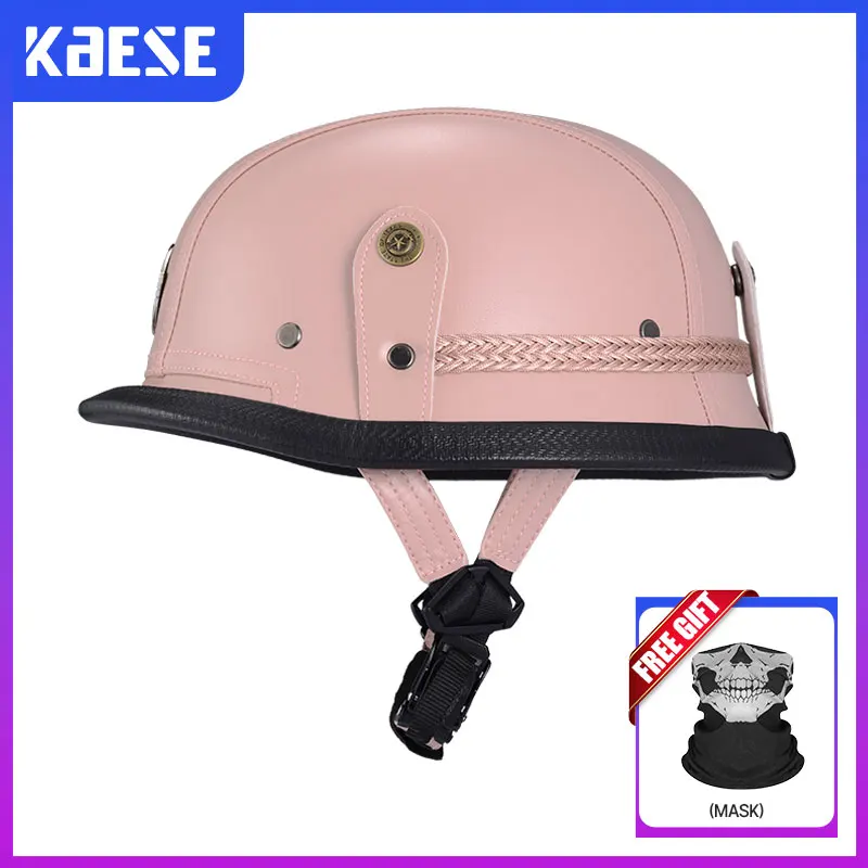 Pink Leather Retro Half Face Helmet for women ultra-lightweight Summer Half Helmet DOT ECE Approved Motorcycle Scooter Riding