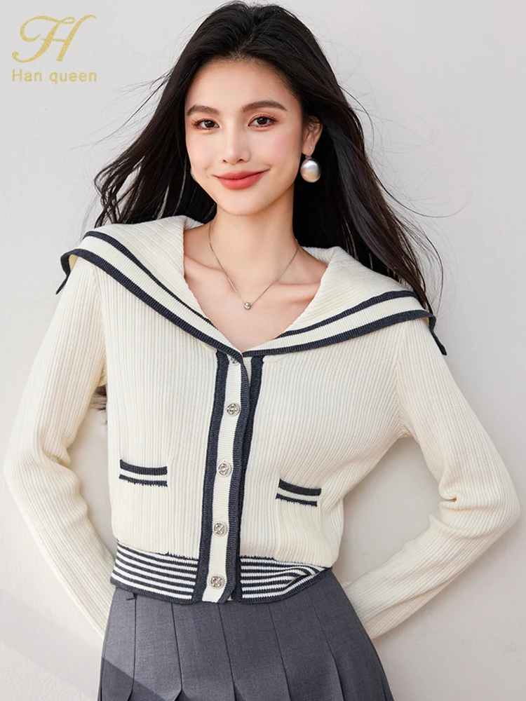 

H Han Queen Warm Outerwears Loose Vintage Casual Women's Sweate Autumn Winner Cardigan For Women Korean Colorblocking Knitwear