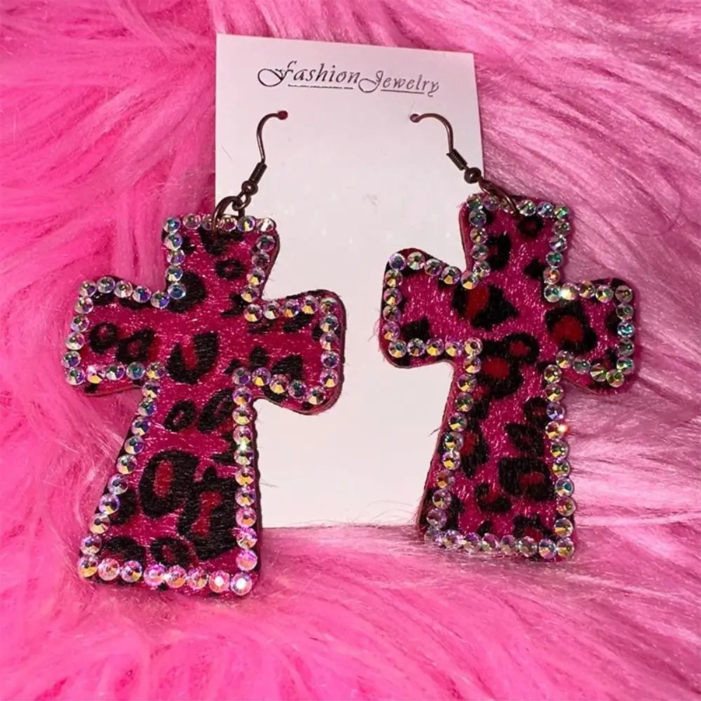 Trendy Y2K Shiny Crystal Cross Earrings Leopard Print Sexy Charm Earring Accessorie Gift Vintage Goth Jewelry Accessories